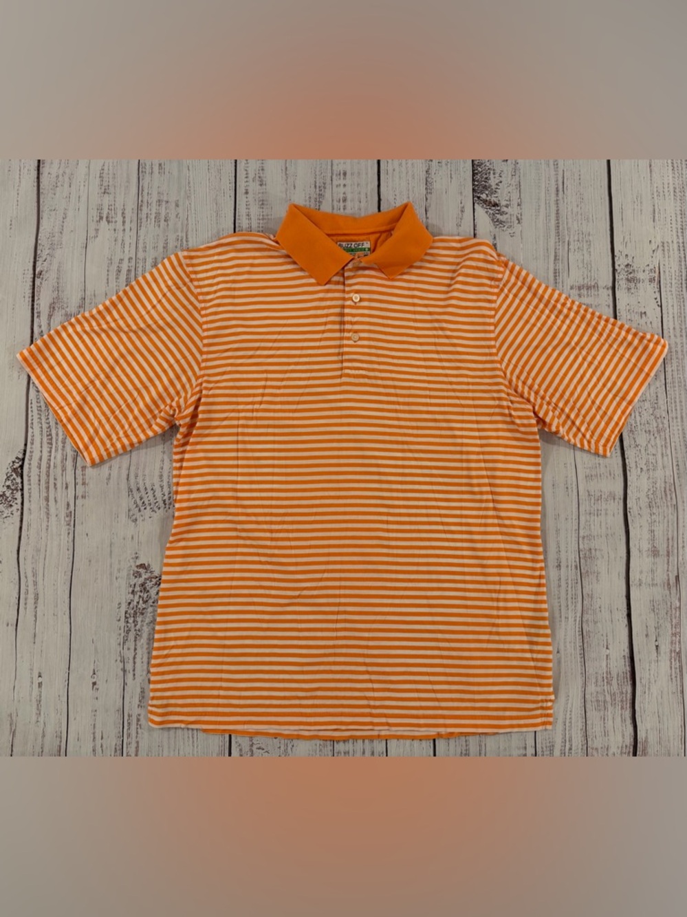 Buzz Off Insect Repellent By Oxford Golf Mens L. Orange White Striped Polo Shirt